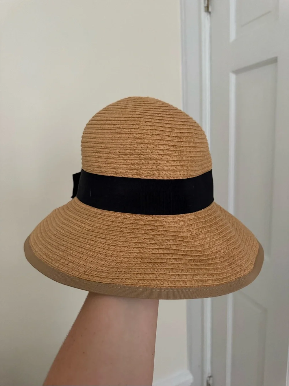 LC Lauren Conrad Straw Cloche Sun Hat Black Bow Downturned Brim Natural